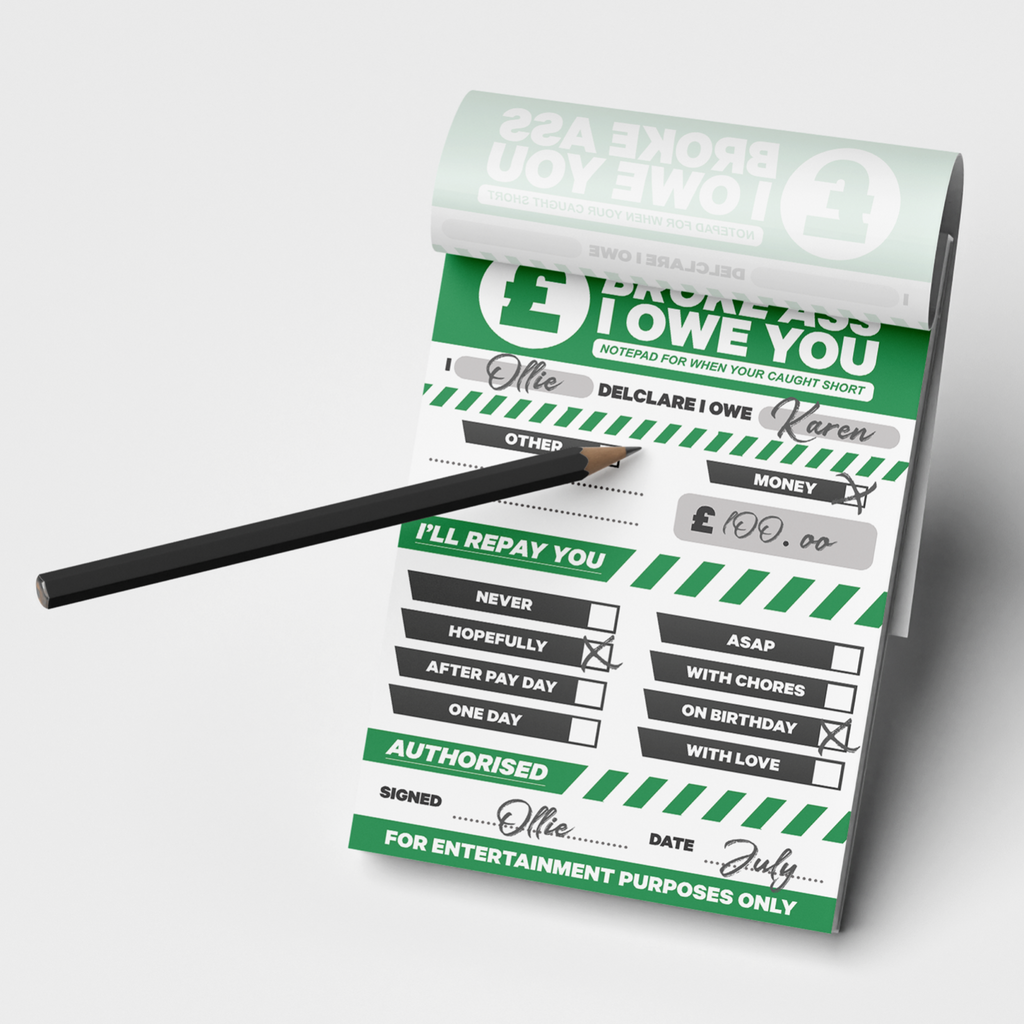 Broke Ass I Owe You Funny IOU Notepad with 50 Notes & Free Pencil