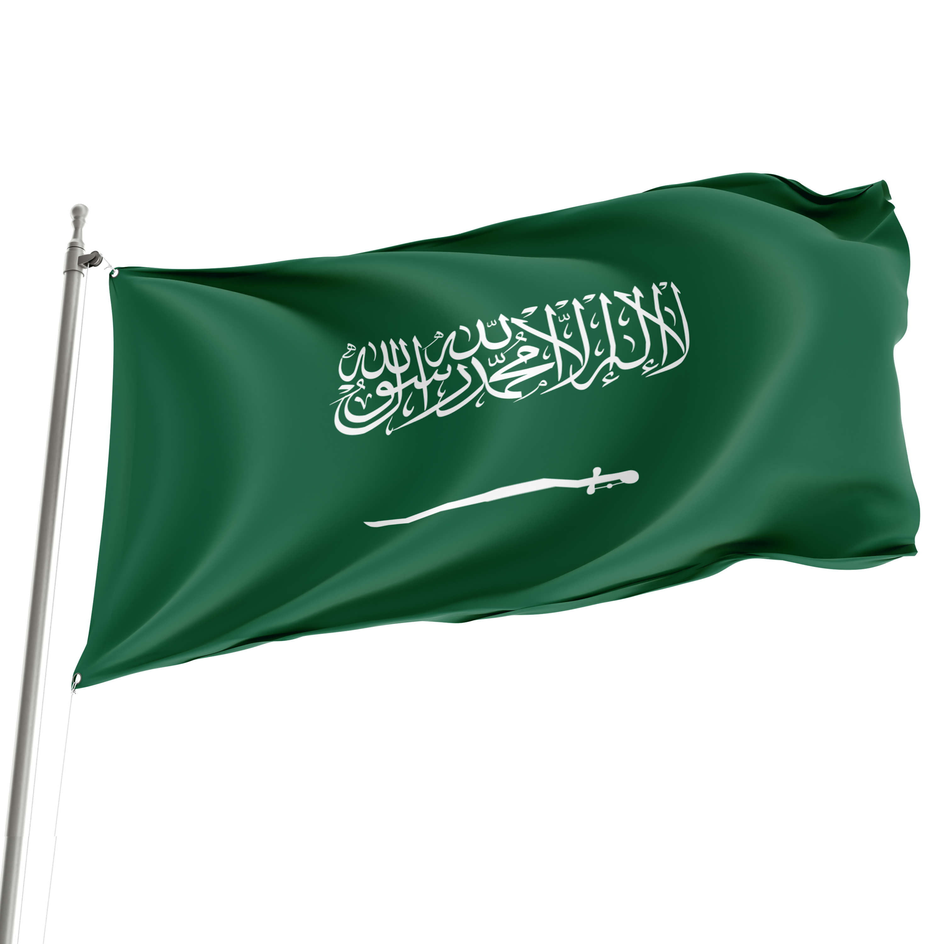A 3' x 5' flag of Saudi Arabia, featuring a green field with the white inscription 'السعودية' and a vertical white sword on the left side, displayed on a flagpole. Imagen principal del producto