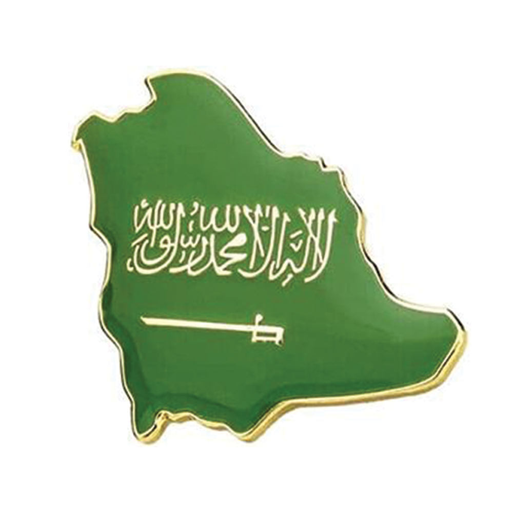 A green and white pin badge shaped like Saudi Arabia with the country's flag and a sword motif. © Tigoli® 2026 All Rights Reserved Panda Loco Ltd 