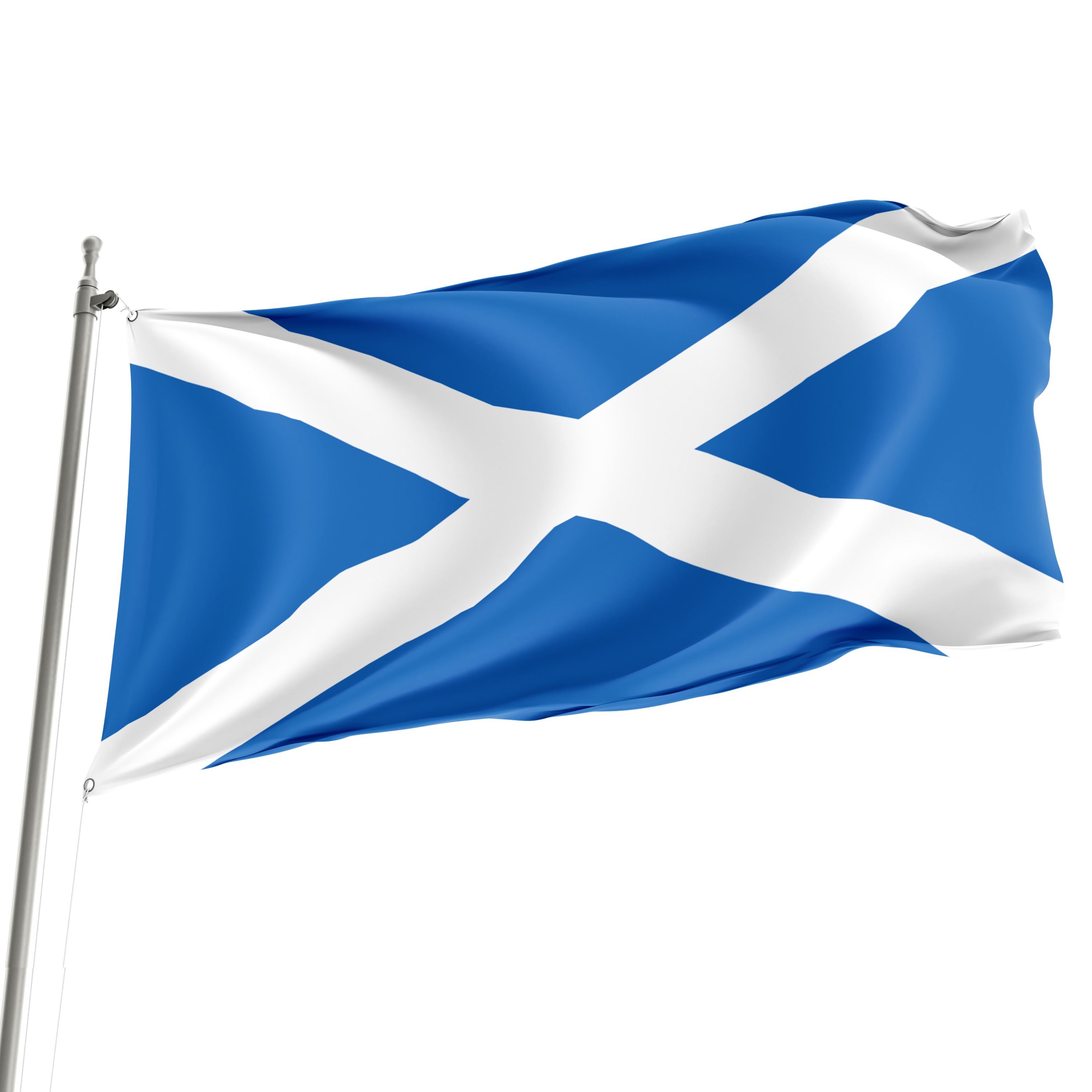 A 3' x 5' Scotland flag with a blue background and a white saltire, flying on a flagpole.