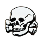 A silver-colored pin badge in the shape of a skull and crossbones, with a shiny finish and a butterfly clutch backing.
