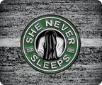 She Never Sleeps Coffee Horror Pin Badge