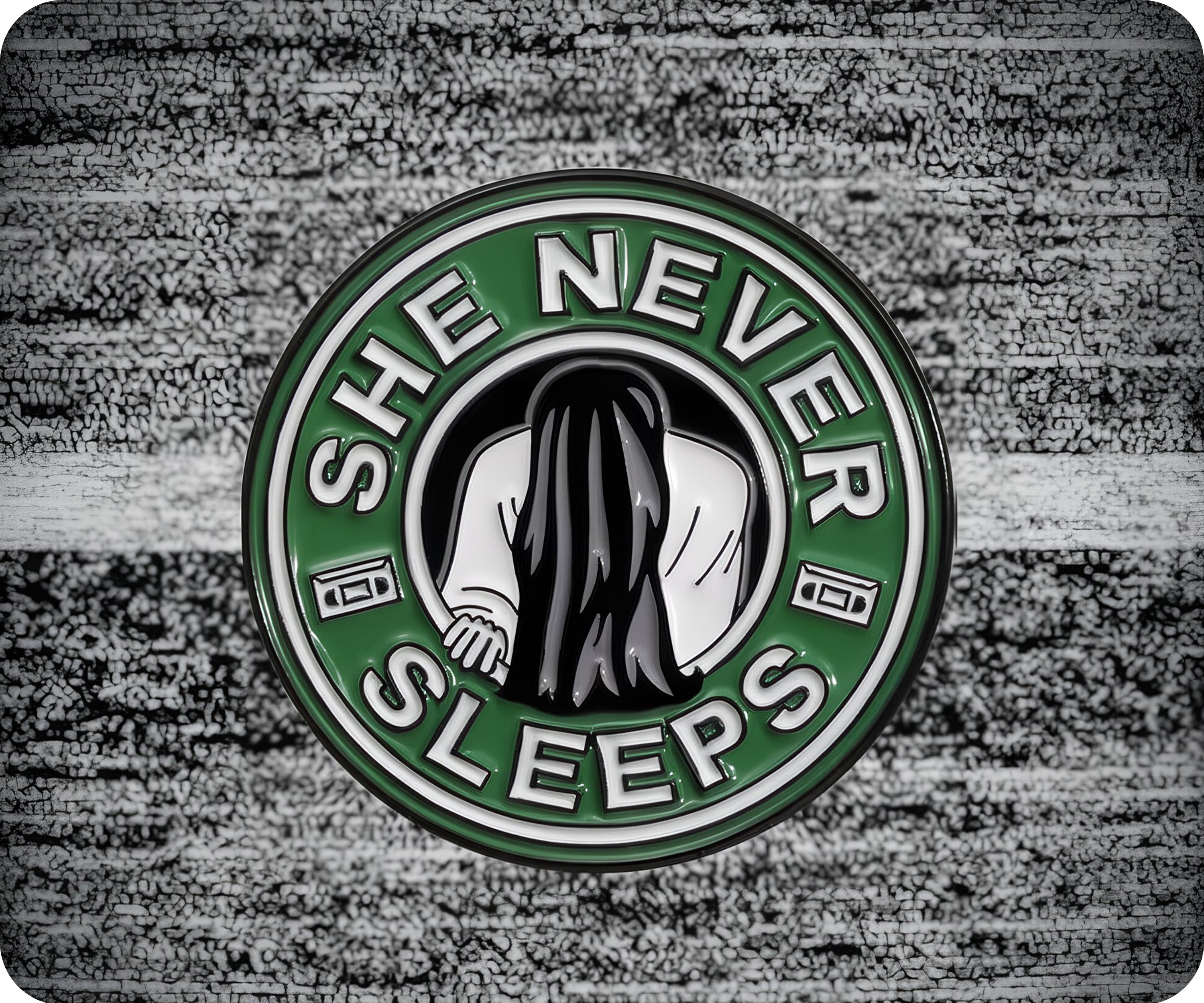 She Never Sleeps Coffee Horror Pin Badge