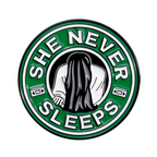 She Never Sleeps Coffee Horror Pin Badge