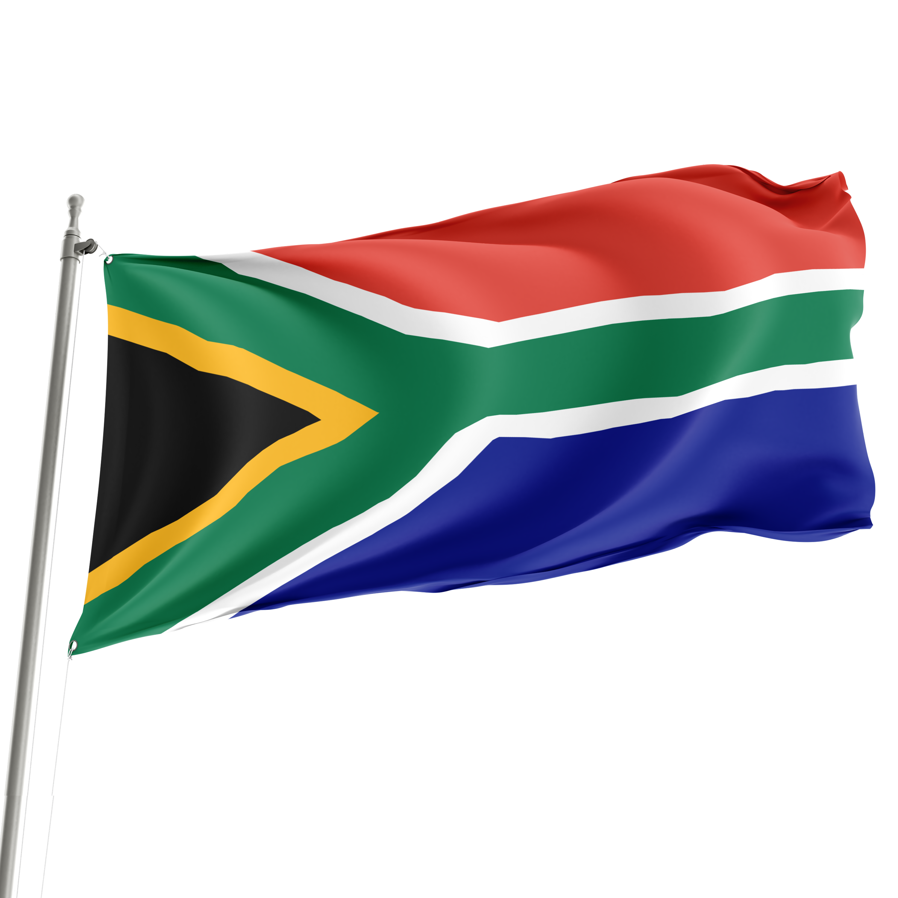 A 3' x 5' South Africa flag with vibrant colors displayed on a flagpole, blowing in the wind. Imagen principal del producto