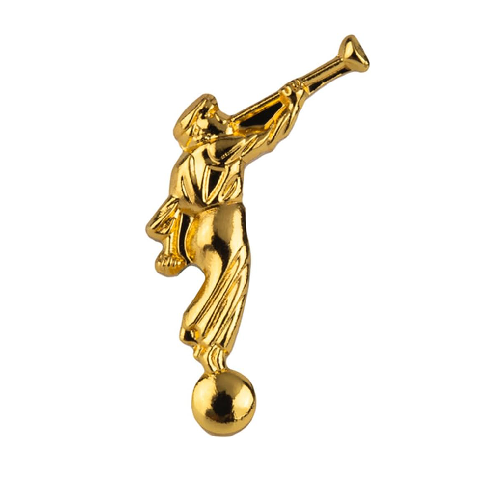 A gold-colored pin badge featuring the iconic Angel Moroni design.