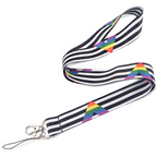 A lanyard with a striped pattern featuring a colorful geometric triangle design. © Tigoli® 2026 All Rights Reserved Panda Loco Ltd 