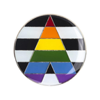A round pin badge featuring a colorful geometric design resembling a triangle with the colors of the rainbow flag, and a butterfly clutch at the back.
