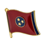 A red, white, and blue enamel pin badge shaped like the Tennessee flag with a brass plated iron butterfly clutch.
