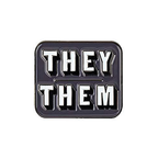 A square-shaped pin badge with 'THEY/THEM' text in bold, brass-plated iron with a butterfly clutch back. © Tigoli® 2026 All Rights Reserved Panda Loco Ltd 