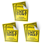 Three yellow and black joke parking ticket stickers with various humorous phrases written on them, placed on a white background. © Tigoli® 2026 All Rights Reserved Panda Loco Ltd 