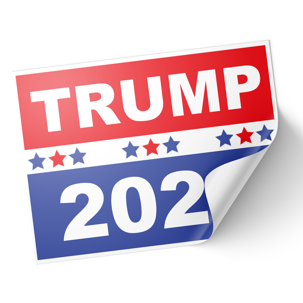 A red and blue sticker with 'TRUMP 2024' written in large white letters, against a white background. © Tigoli® 2026 All Rights Reserved Panda Loco Ltd  Imagen principal del producto