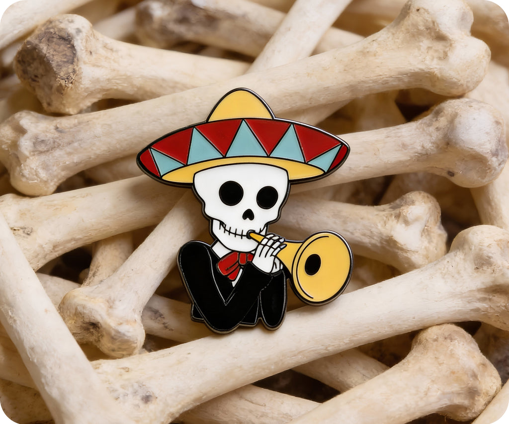 Mariachi Mexican Skeleton Trumpet Pin Badge