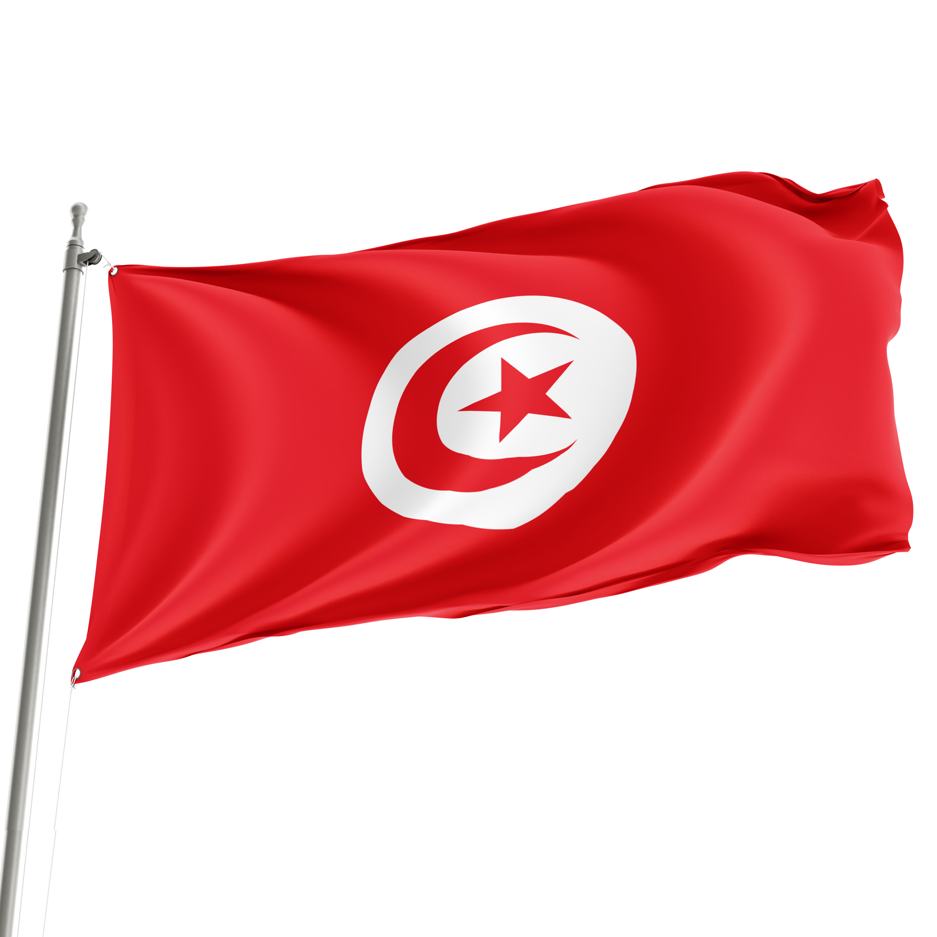 A 3' x 5' flag of Tunisia displayed on a flagpole, showing the red color with a white circle in the center containing a star.