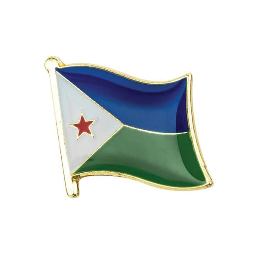 A pin badge featuring the Djibouti flag colors in a vertical orientation with a metal butterfly clutch. © Tigoli® 2026 All Rights Reserved Panda Loco Ltd 