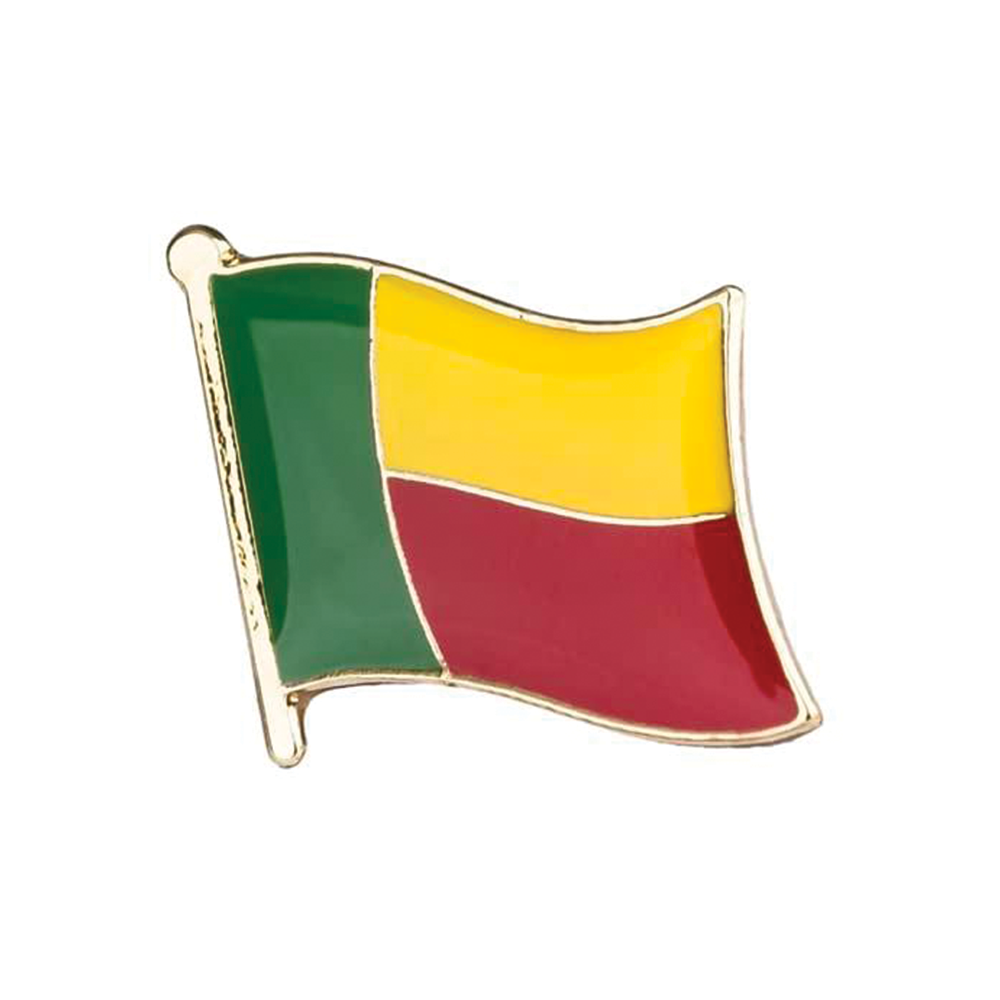 A pin badge featuring the Benin flag colors in green, yellow, and red with a metal butterfly clutch. © Tigoli® 2026 All Rights Reserved Panda Loco Ltd 
