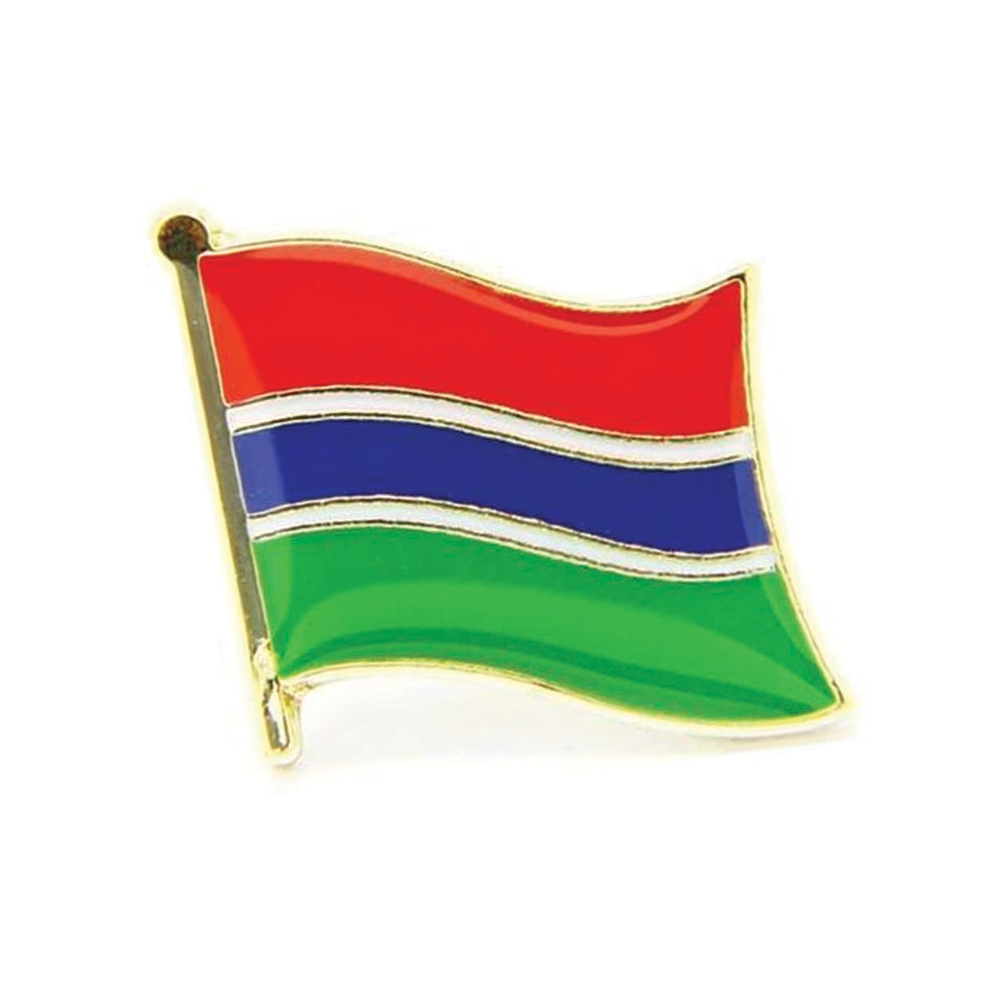 A pin badge featuring the Gambia flag in red, blue, and green colors with a metal butterfly clutch. © Tigoli® 2026 All Rights Reserved Panda Loco Ltd 