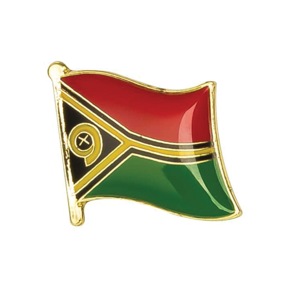 A hard enamel pin badge featuring the Vanuatu flag with a metal butterfly fixing. © Tigoli® 2026 All Rights Reserved Panda Loco Ltd  Imagen principal del producto