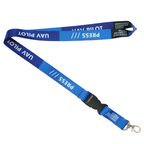 A collection of blue press lanyards with various job role texts printed on them, including 'PRESS', 'PHOTOGRAPHER', 'STAFF', and 'REPORTER'. They feature a black plastic buckle and are detachable.