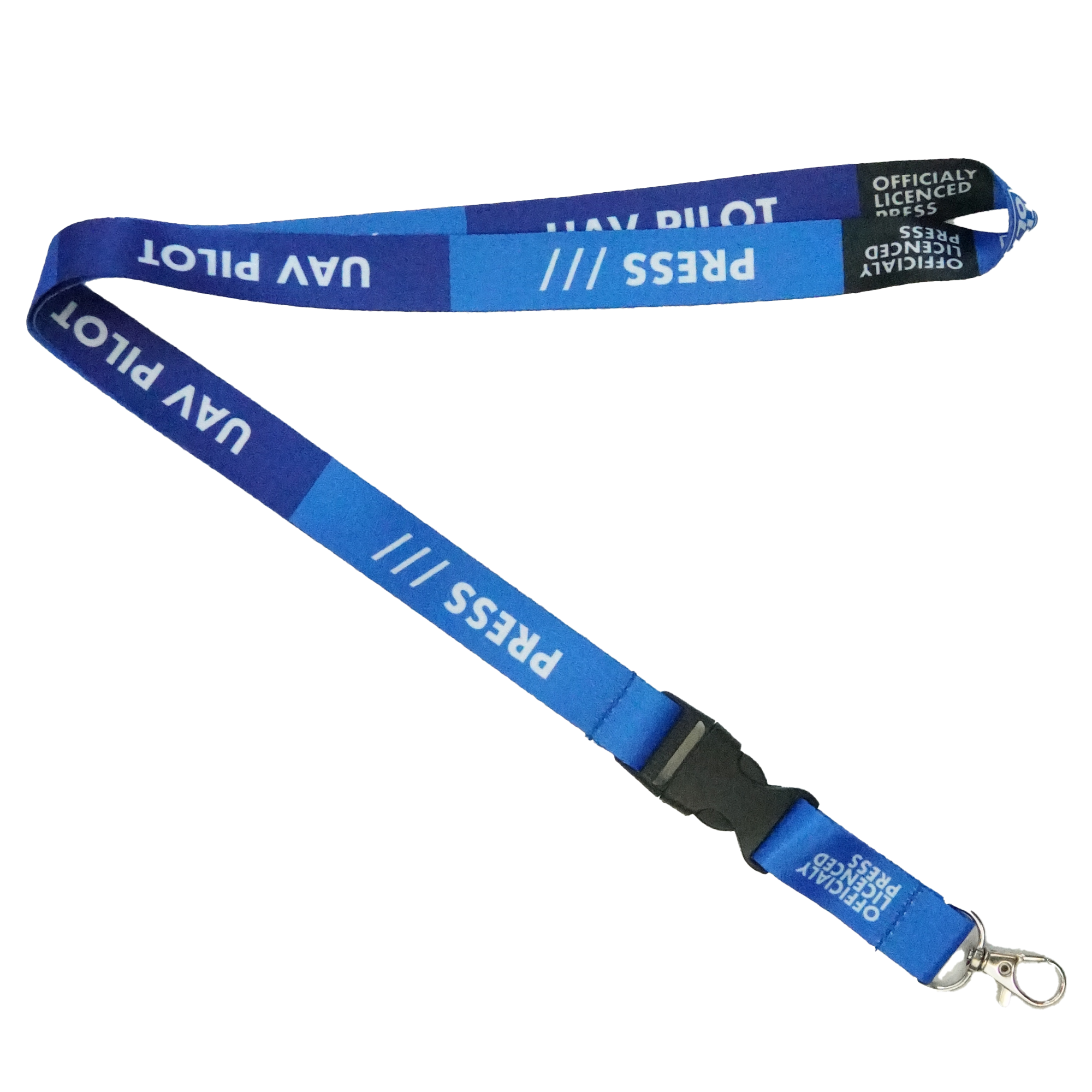 A collection of blue press lanyards with various job role texts printed on them, including 'PRESS', 'PHOTOGRAPHER', 'STAFF', and 'REPORTER'. They feature a black plastic buckle and are detachable.