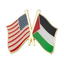 A pin badge featuring the American flag and the flag of Palestine, with a gold-plated iron base and butterfly clutch.