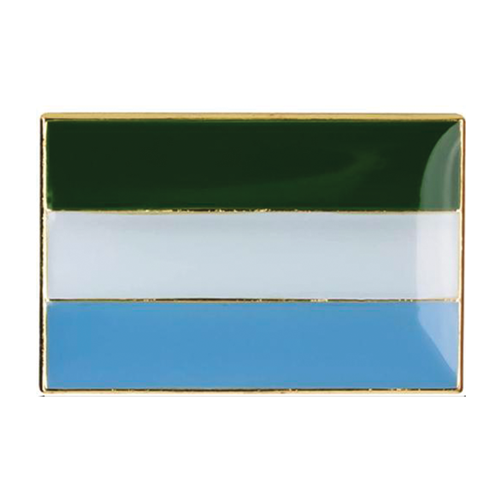 A rectangular pin badge with a green, white, and blue geometric pattern on a white background, with a brass plated iron edge. © Tigoli® 2026 All Rights Reserved Panda Loco Ltd 