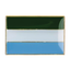 A rectangular pin badge with a green, white, and blue geometric pattern on a white background, with a brass plated iron edge. © Tigoli® 2026 All Rights Reserved Panda Loco Ltd 