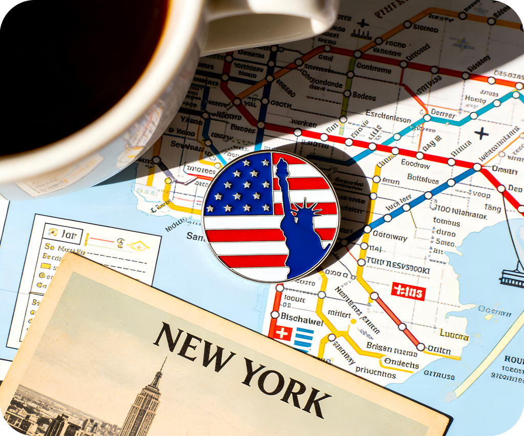 Statue of Liberty Unites States USA Flag Round Pin Badge