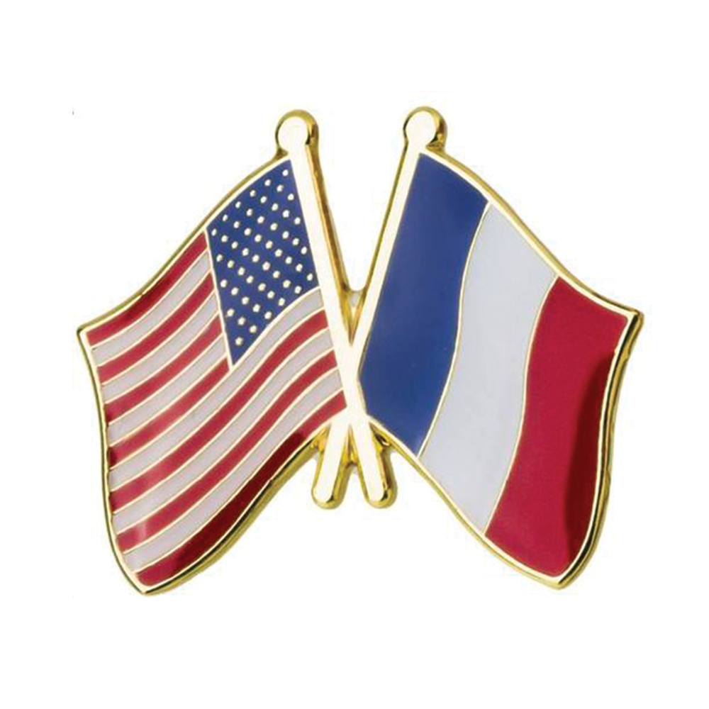 A friendship pin badge featuring crossed American and French flags, with a butterfly clutch for attachment. © Tigoli® 2026 All Rights Reserved Panda Loco Ltd 