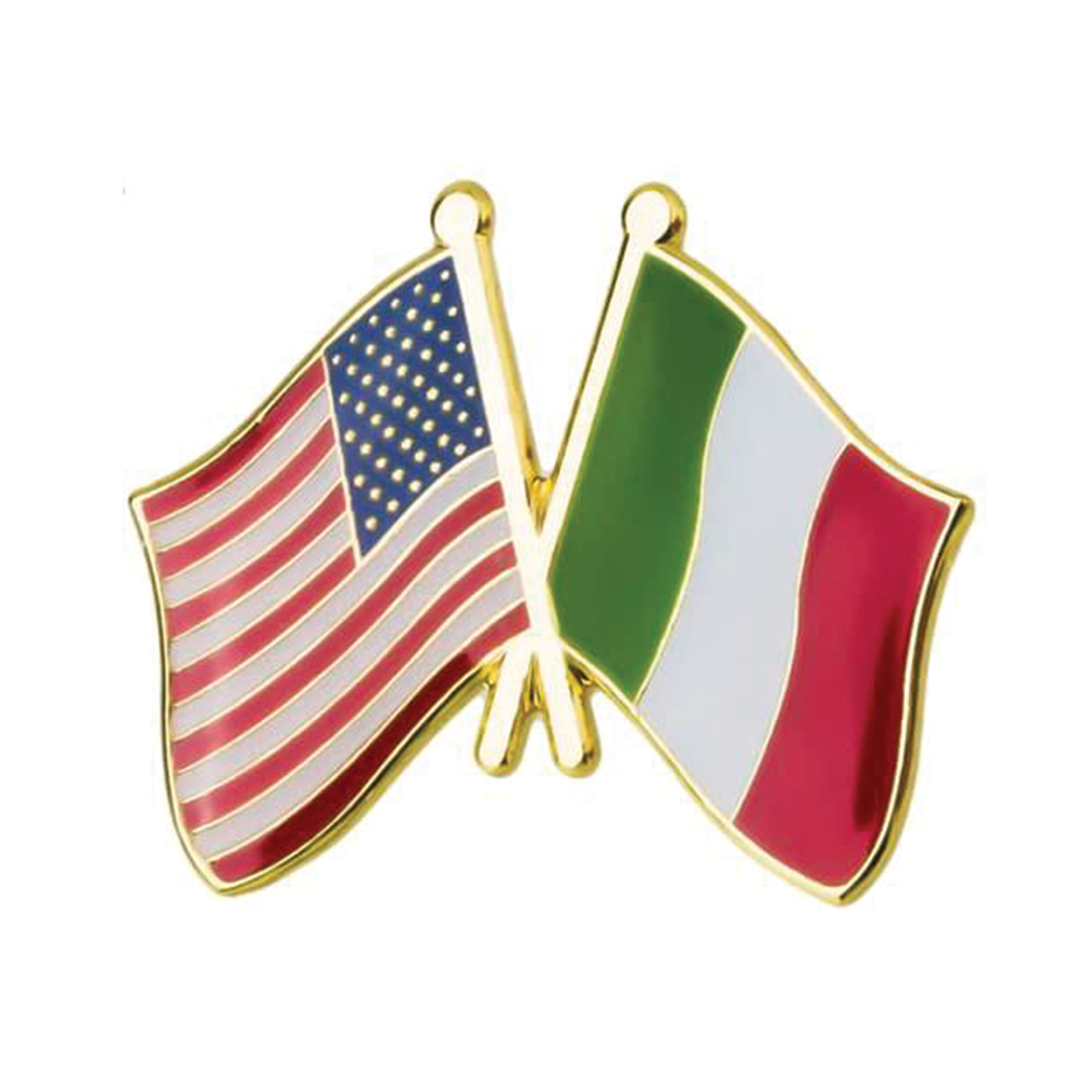 A friendship pin badge featuring crossed American and Italian flags, with a gold-plated brass base and a butterfly clutch. © Tigoli® 2026 All Rights Reserved Panda Loco Ltd 