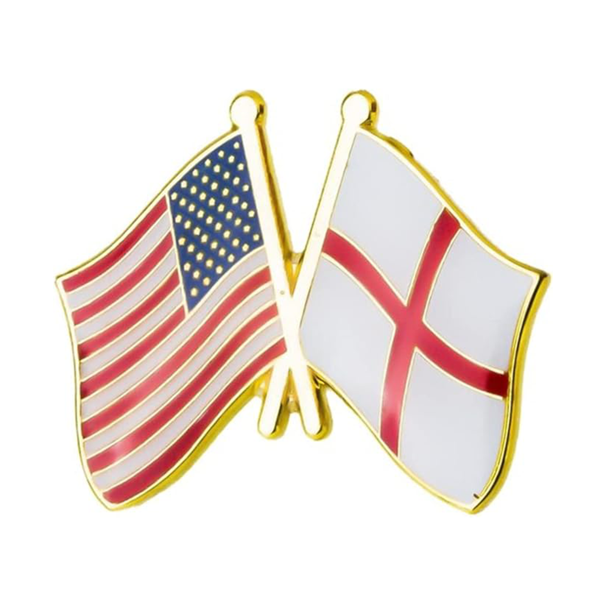 A pin badge featuring the United States and England flags in enamel with a gold-colored metal clasp. Imagen principal del producto