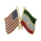 A pin badge featuring the American flag and the flag of Iran, symbolizing friendship between the two countries.