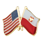 A friendship pin badge featuring the American flag and the Polish white eagle on a red background, with a brass plated iron and hard enamel finish. © Tigoli® 2026 All Rights Reserved Panda Loco Ltd 