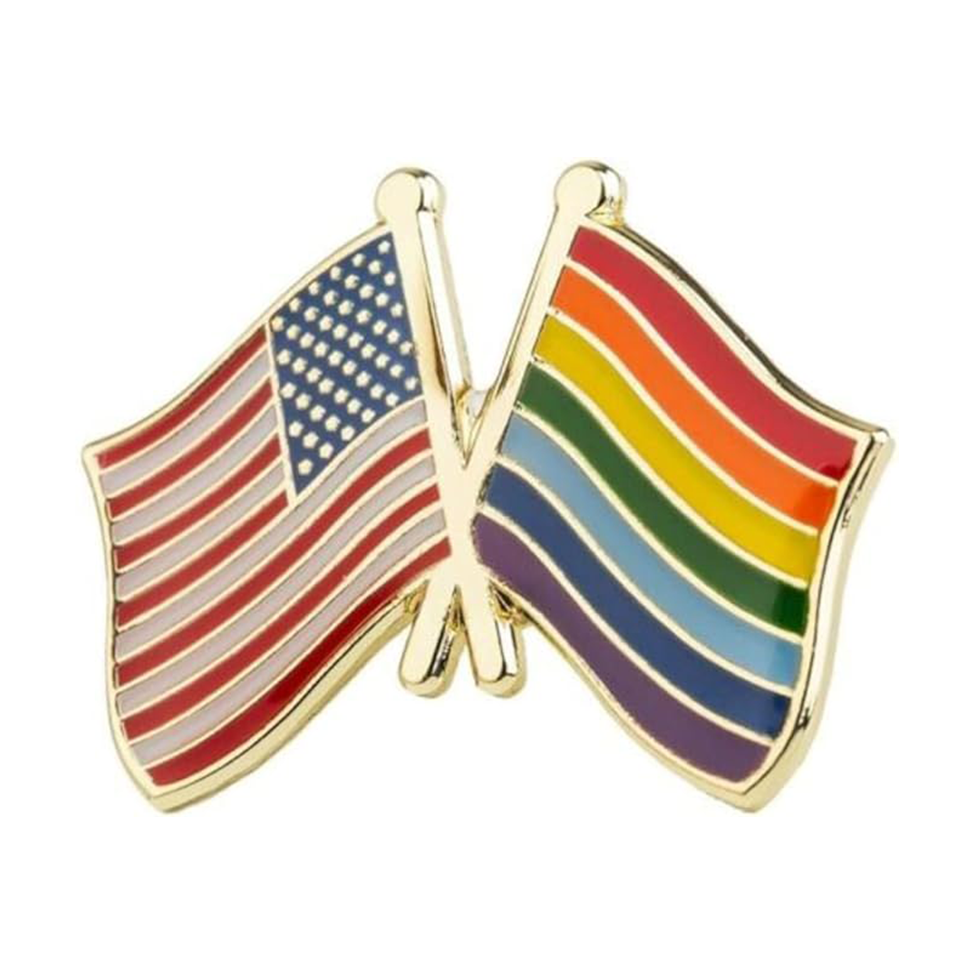 A pin badge featuring a friendship design with the United States flag and a rainbow flag crossed together. Imagen principal del producto