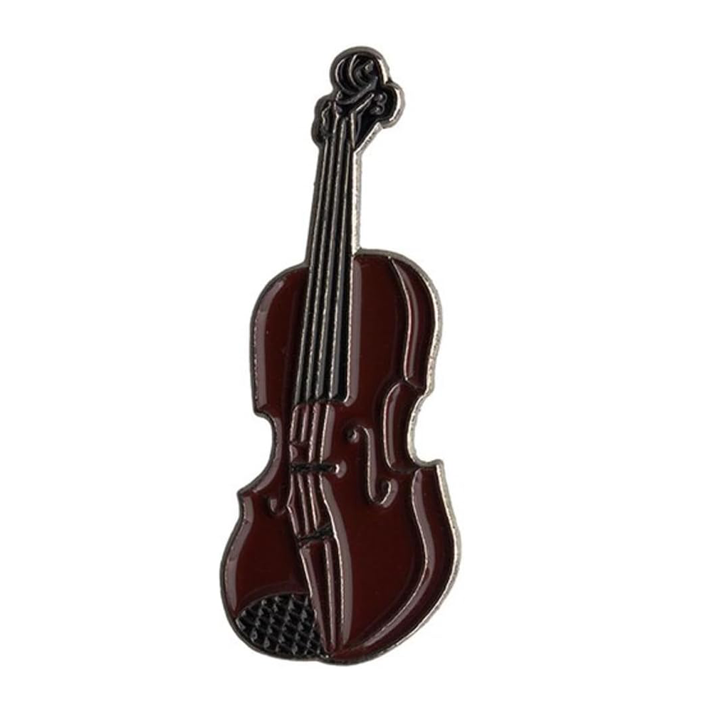 A brass plated iron pin badge in the shape of a violin with a butterfly clutch at the back. Imagen principal del producto