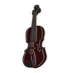 A brass plated iron pin badge in the shape of a violin with a butterfly clutch at the back.