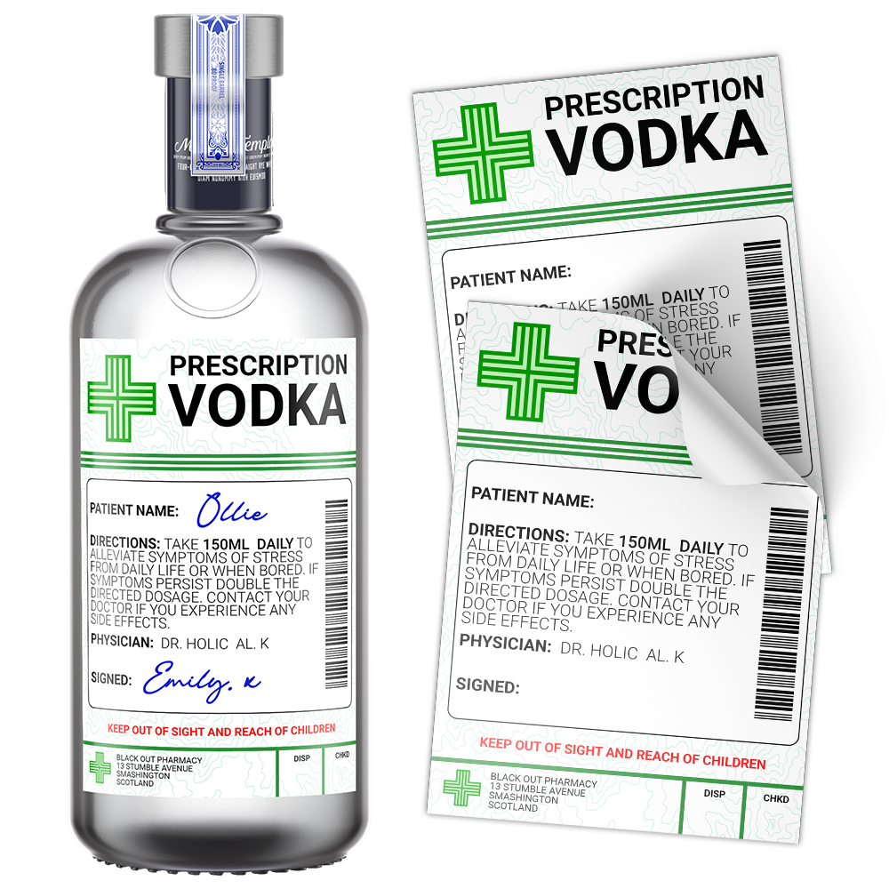 A faux prescription bottle sticker with medical branding, designed to look like a medical prescription pad, applied on a clear bottle surface. © Tigoli® 2026 All Rights Reserved Panda Loco Ltd  Imagen principal del producto