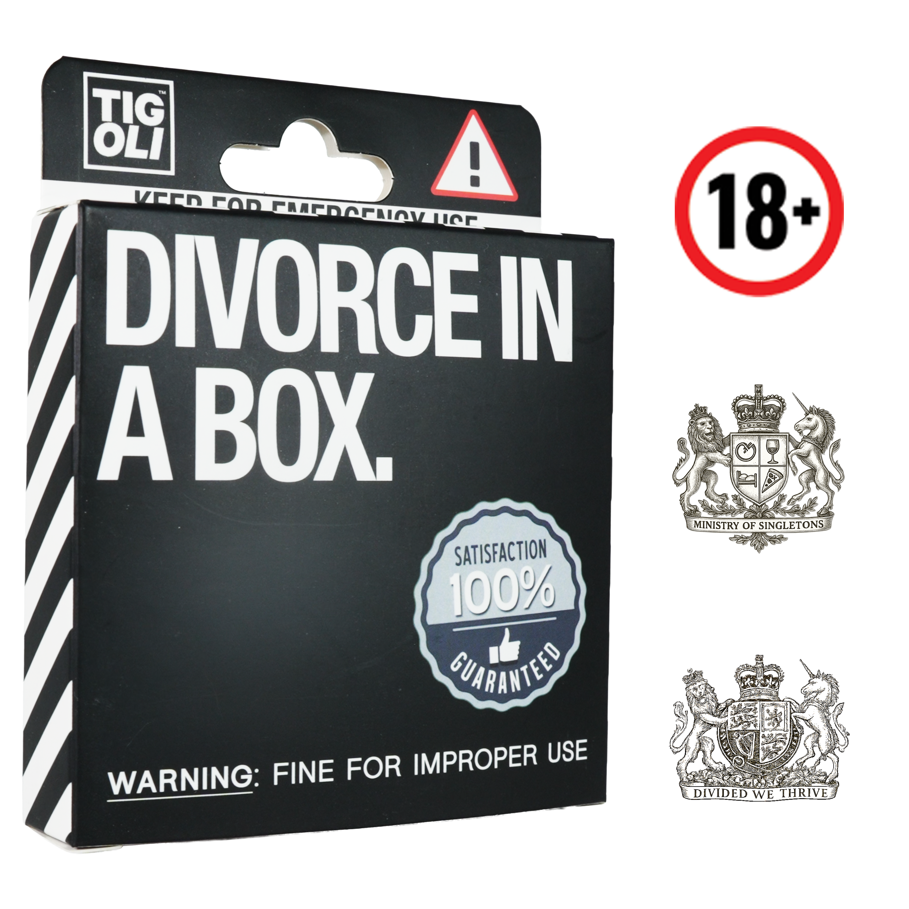 Divorcio en una caja – Divertido set de regalo de broma con certificado de divorcio, formulario de solicitud, cupón de bebida, cupón de citas, bocina de fiesta y pegatinas Imagen principal del producto