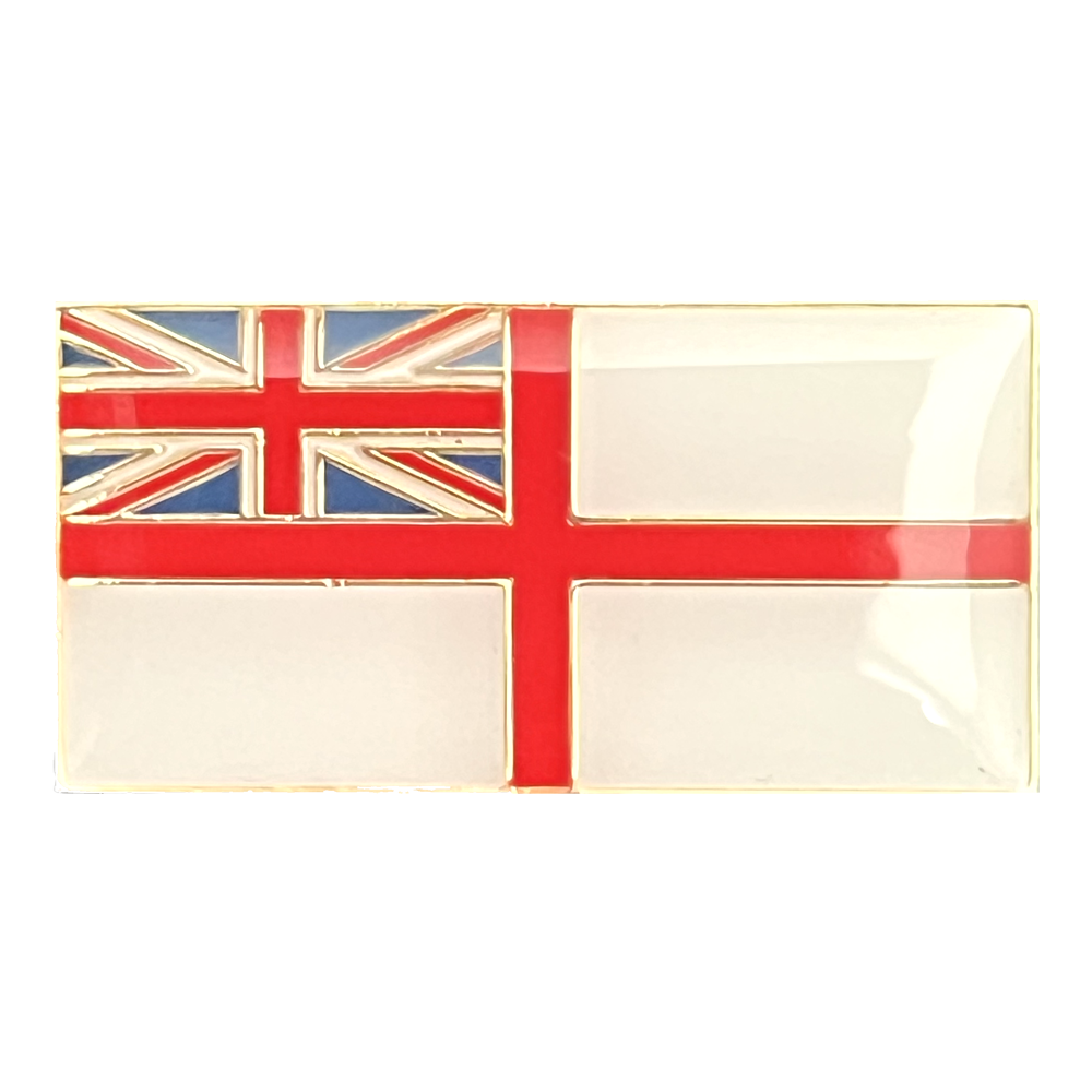 A rectangular pin badge featuring the Royal Navy White Ensign with a red, white, and blue color scheme, and a gold-colored navy emblem in the center. © Tigoli® 2026 All Rights Reserved Panda Loco Ltd 