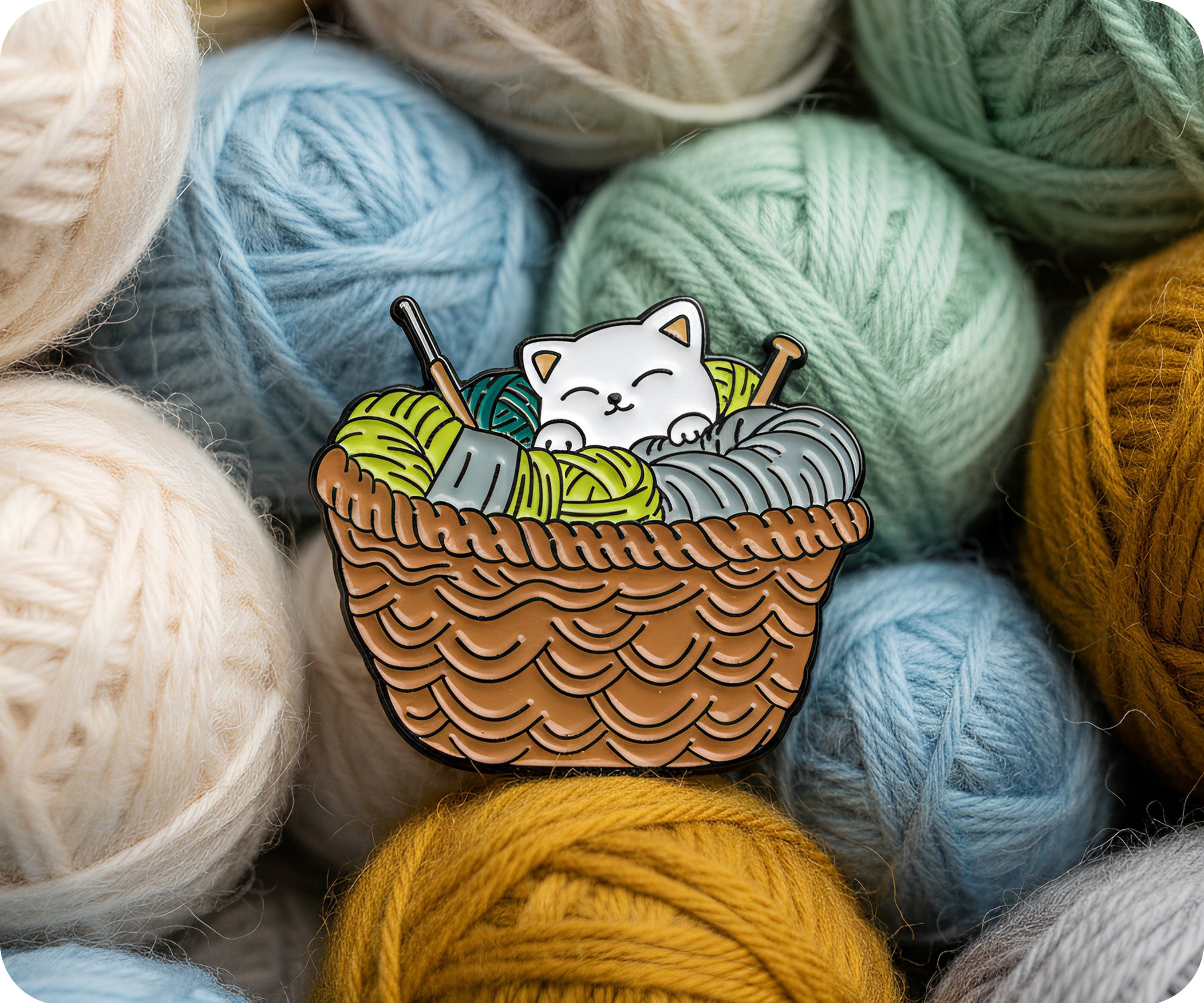Kitten In Wool Knitting Basket Pin Badge