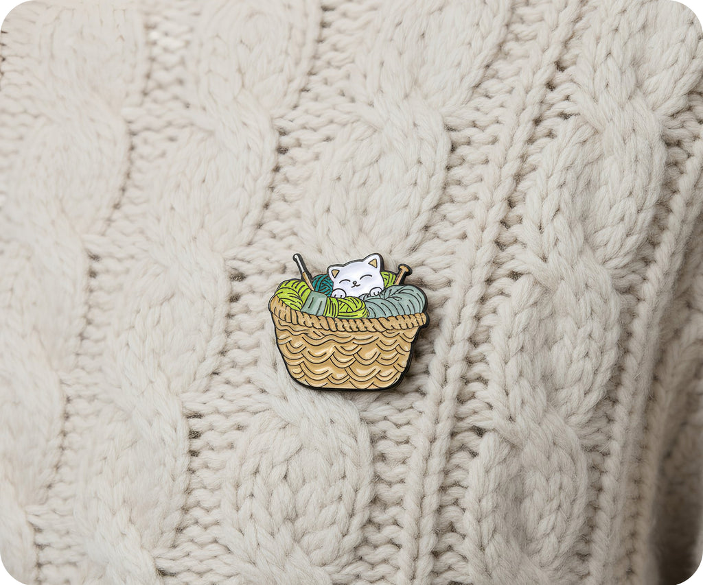 Kitten In Wool Knitting Basket Pin Badge