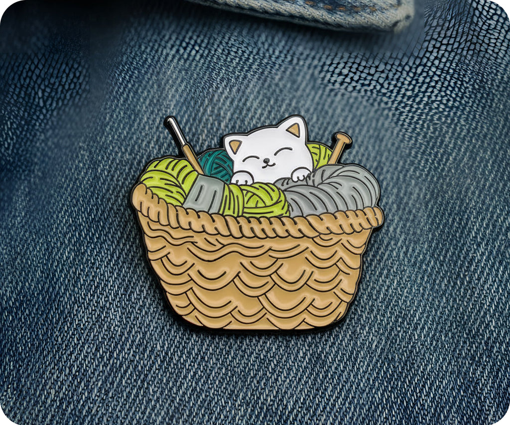 Kitten In Wool Knitting Basket Pin Badge