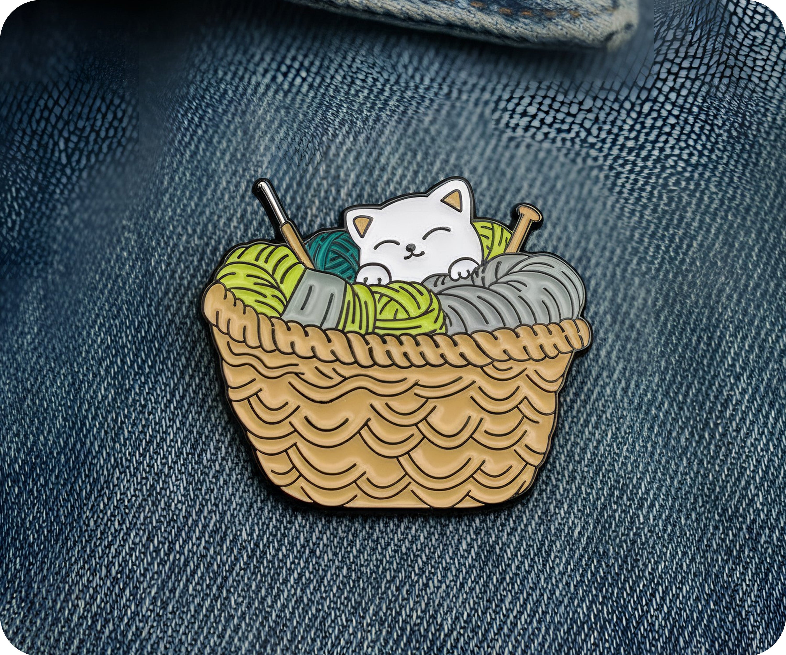 Kitten In Wool Knitting Basket Pin Badge