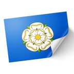 A sticker depicting the Yorkshire Rose flag on a blue background with a peeled corner, indicating a adhesive surface.