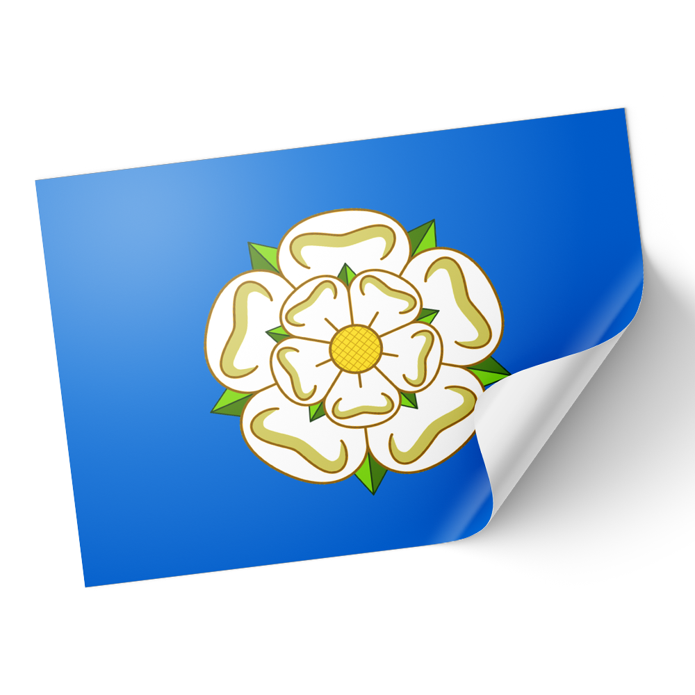 A sticker depicting the Yorkshire Rose flag on a blue background with a peeled corner, indicating a adhesive surface.