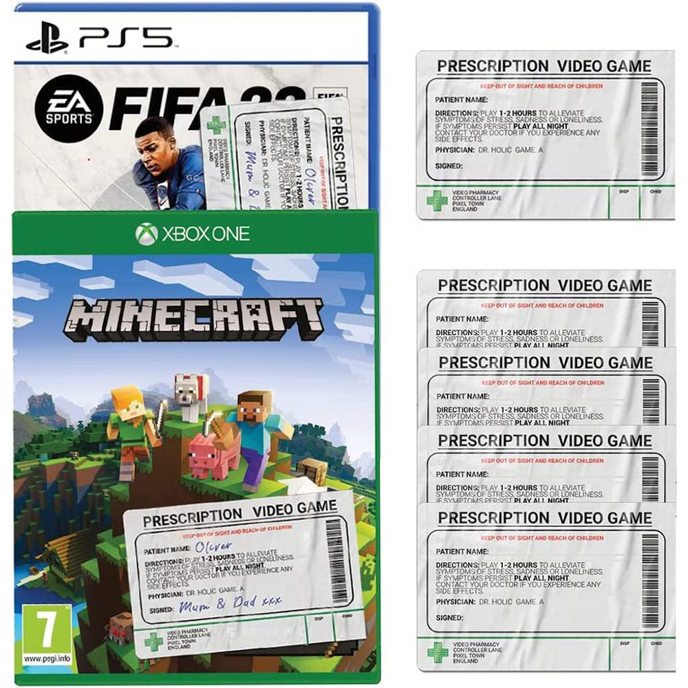 A 'Minecraft' themed prescription video game label sticker, featuring characters and text in a similar style to a real prescription. © Tigoli® 2026 All Rights Reserved Panda Loco Ltd  Imagen principal del producto