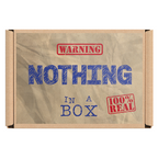 A brown cardboard box with the text 'WARNING NOTHING IN A BOX' and a blue mark through the word 'NOTHING'. © Tigoli® 2026 All Rights Reserved Panda Loco Ltd 