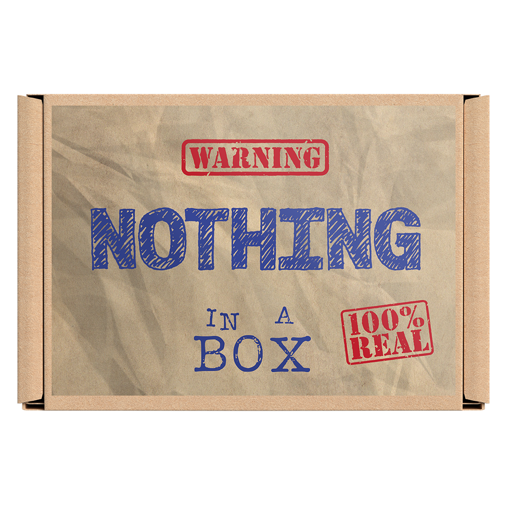 A brown cardboard box with the text 'WARNING NOTHING IN A BOX' and a blue mark through the word 'NOTHING'. © Tigoli® 2026 All Rights Reserved Panda Loco Ltd 