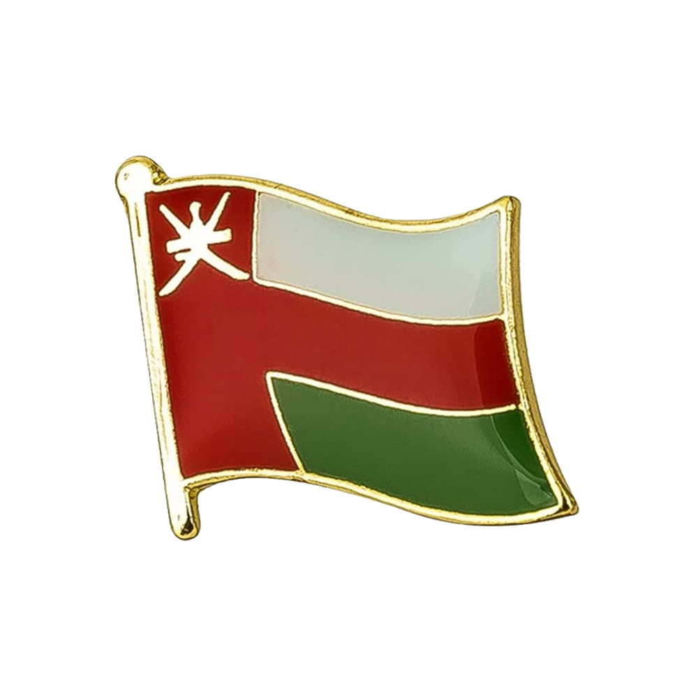 A pin badge featuring the flag of Oman in hard enamel with a metal butterfly fixing. © Tigoli® 2026 All Rights Reserved Panda Loco Ltd 