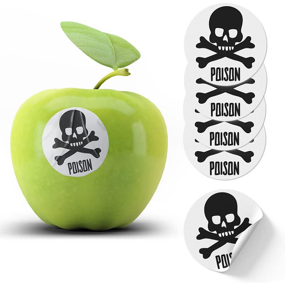 A green apple with a 'POISON' sticker featuring a skull and crossbones design, along with additional stickers shown both attached to the apple and separately. © Tigoli® 2026 All Rights Reserved Panda Loco Ltd 